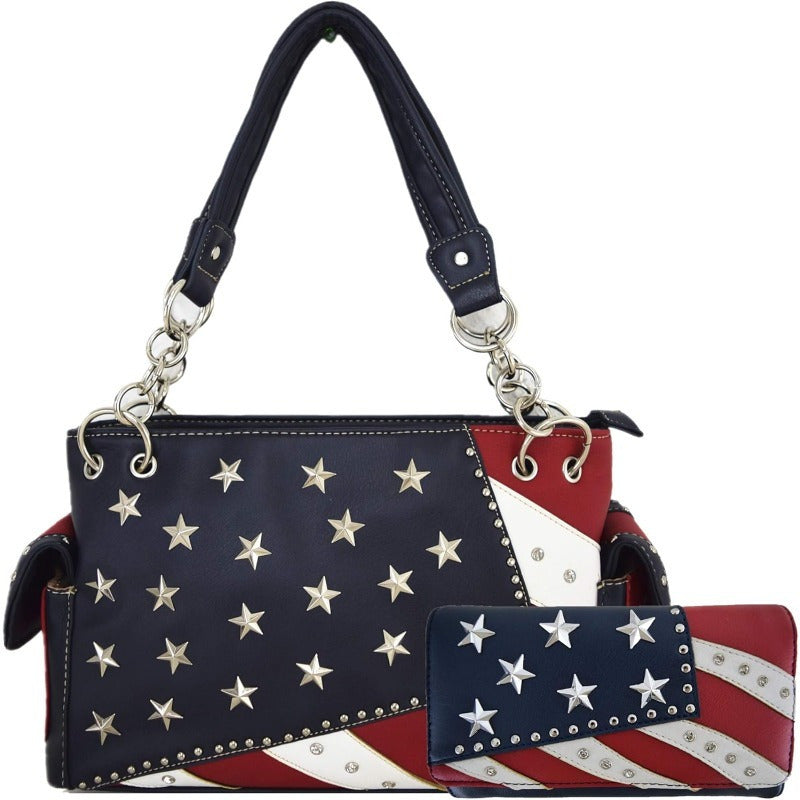 American Flag Stars And Stripes Rhinestone Women Handbag Country Purses Wallet Set