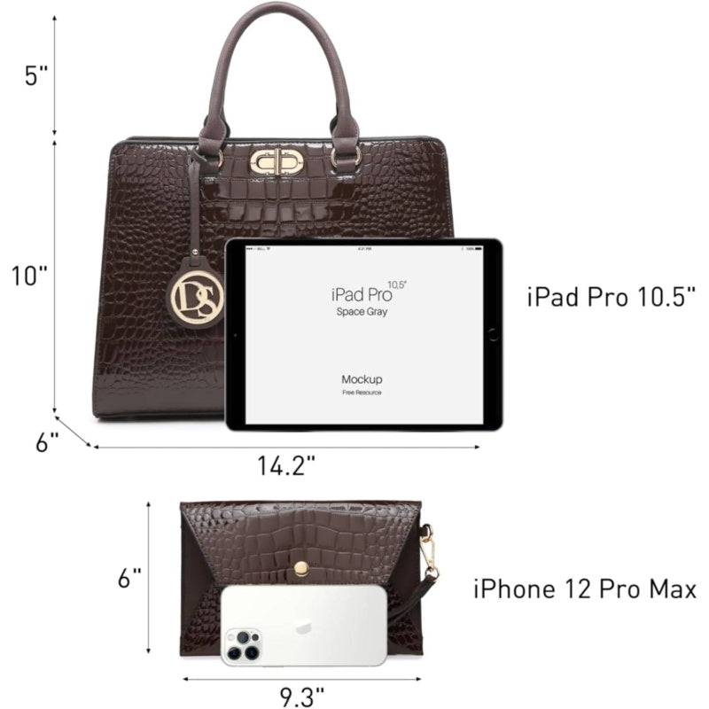 Women'S Elegant Emerald Green Crocodile-Texture Tote Handbag & Matching Clutch - Structured Work Purse with Golden-Tone Hardware, Open-Top Design & Spacious Interior for Professional & Everyday Use, Durable Non-Woven Fabric-l