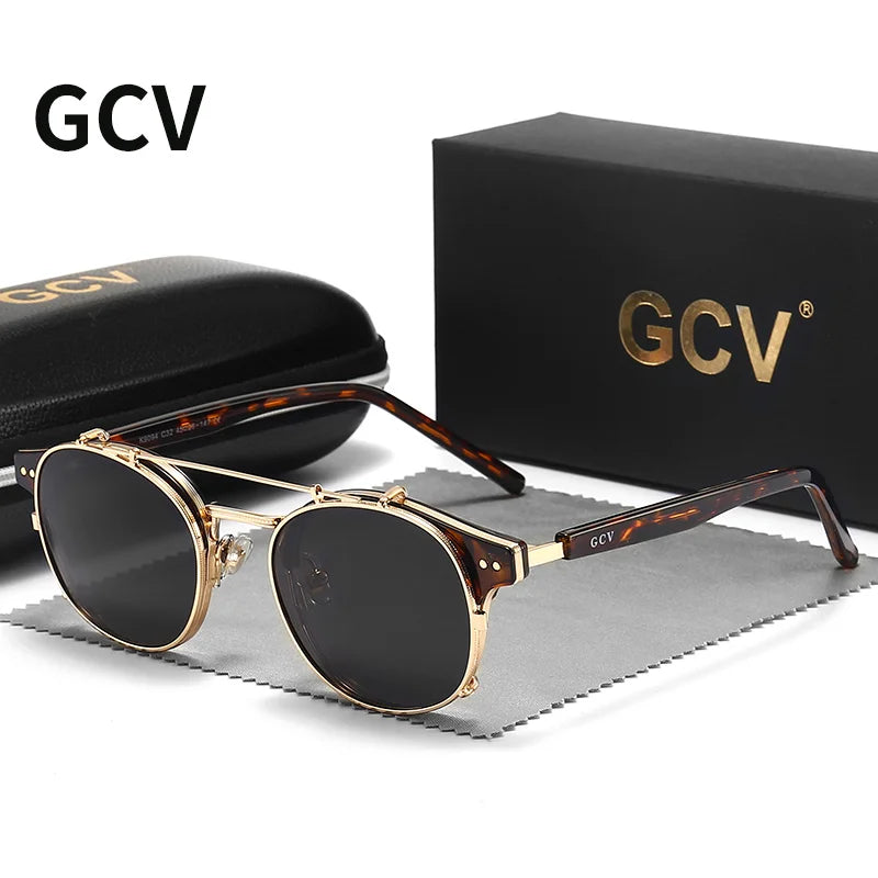 Gafas de sol steampunk GCV doble lente removible polarizadas marco acetato dorado negro con estuche
