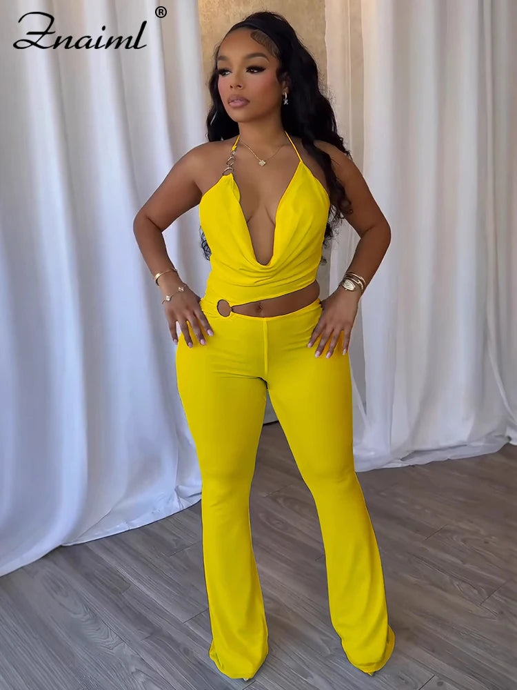 Mono sexy calado mujer cuello halter escote v profundo espalda descubierta pierna acampanada club nocturno
