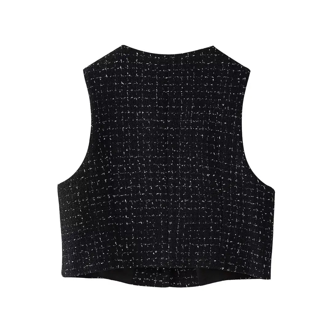 Conjunto 2 piezas mujer chaleco cuello redondo shorts culotte elegante oficina verano outfit
