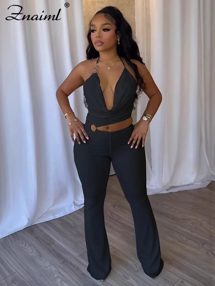 Mono sexy calado cuello halter escote v profundo pierna acampanada club nocturno mujer
