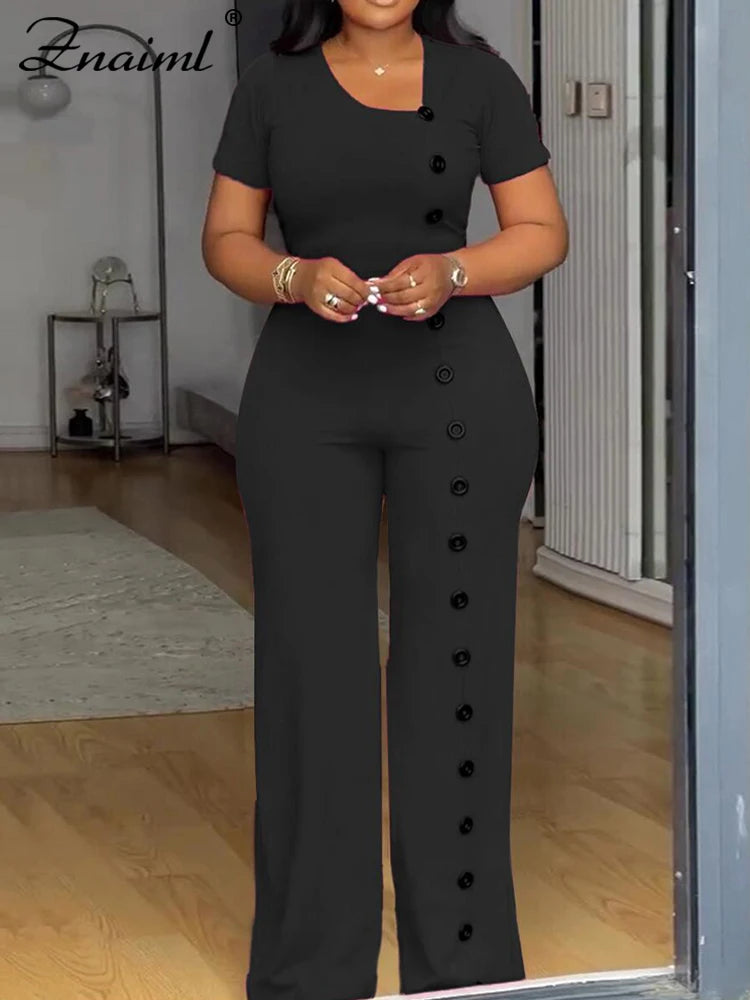 Mono largo manga corta botones frontales pierna ancha elegante fiesta mujer detalles
