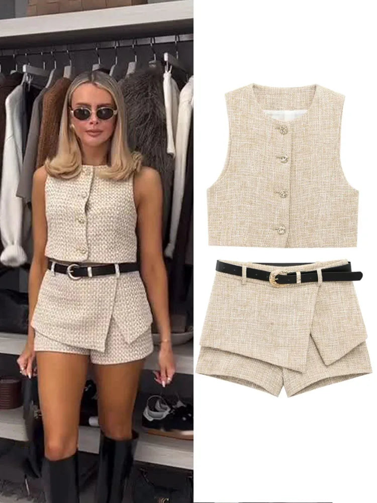 Conjunto 2 piezas mujer chaleco cuello redondo shorts culotte cinturón elegante oficina verano
