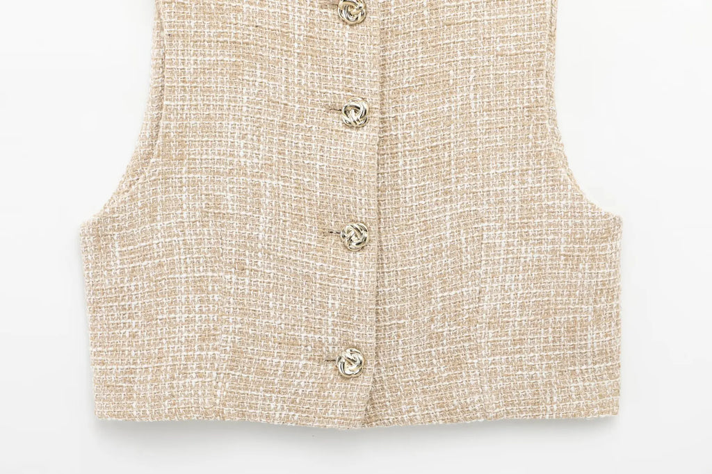 Conjunto 2 piezas mujer chaleco shorts culotte cinturón elegante oficina verano vista lateral
