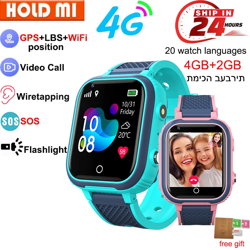 Smartwatch 4G para niños GPS videollamadas SOS resistente agua IP67 vista frontal
