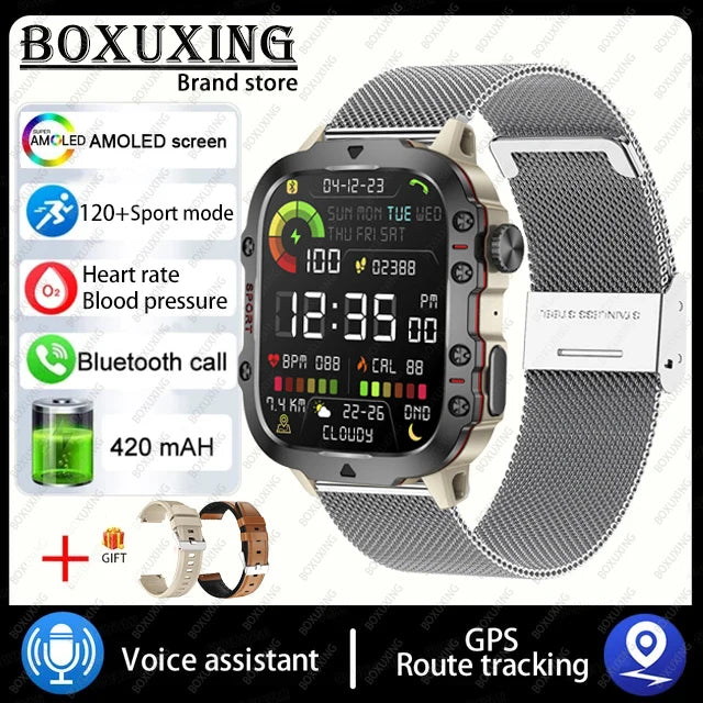 Smartwatch militar GPS resistente en uso muñeca deportes extremos
