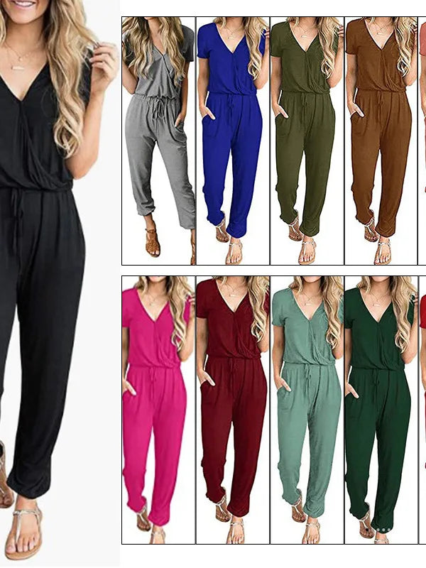 Mono mujer escote v cruzado pierna recta verano casual urbano vista completa
