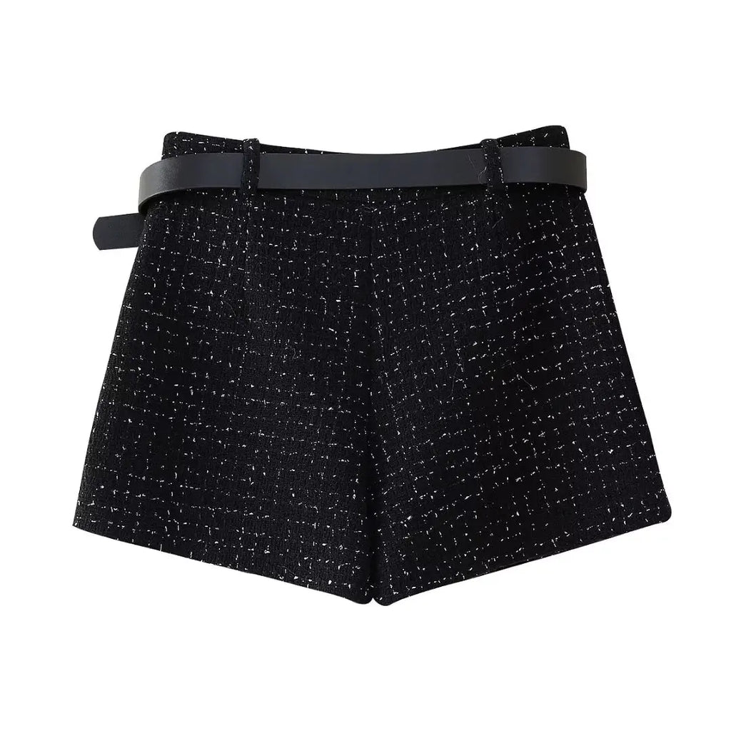 Conjunto 2 piezas mujer chaleco shorts culotte cinturón elegante oficina verano look
