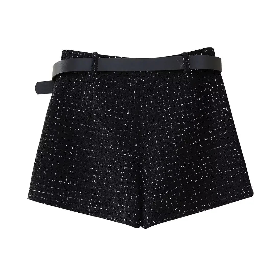 Conjunto 2 piezas mujer chaleco shorts culotte cinturón elegante oficina verano look
