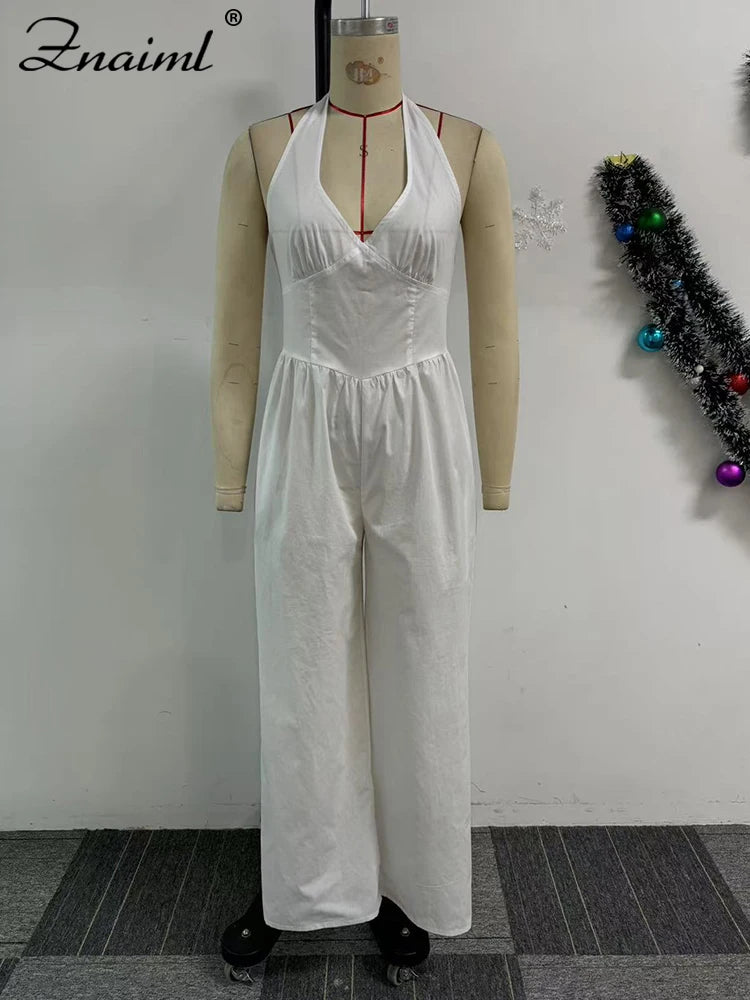 Mono elegante fiesta pierna ancha cuello halter formal mujer vista completa
