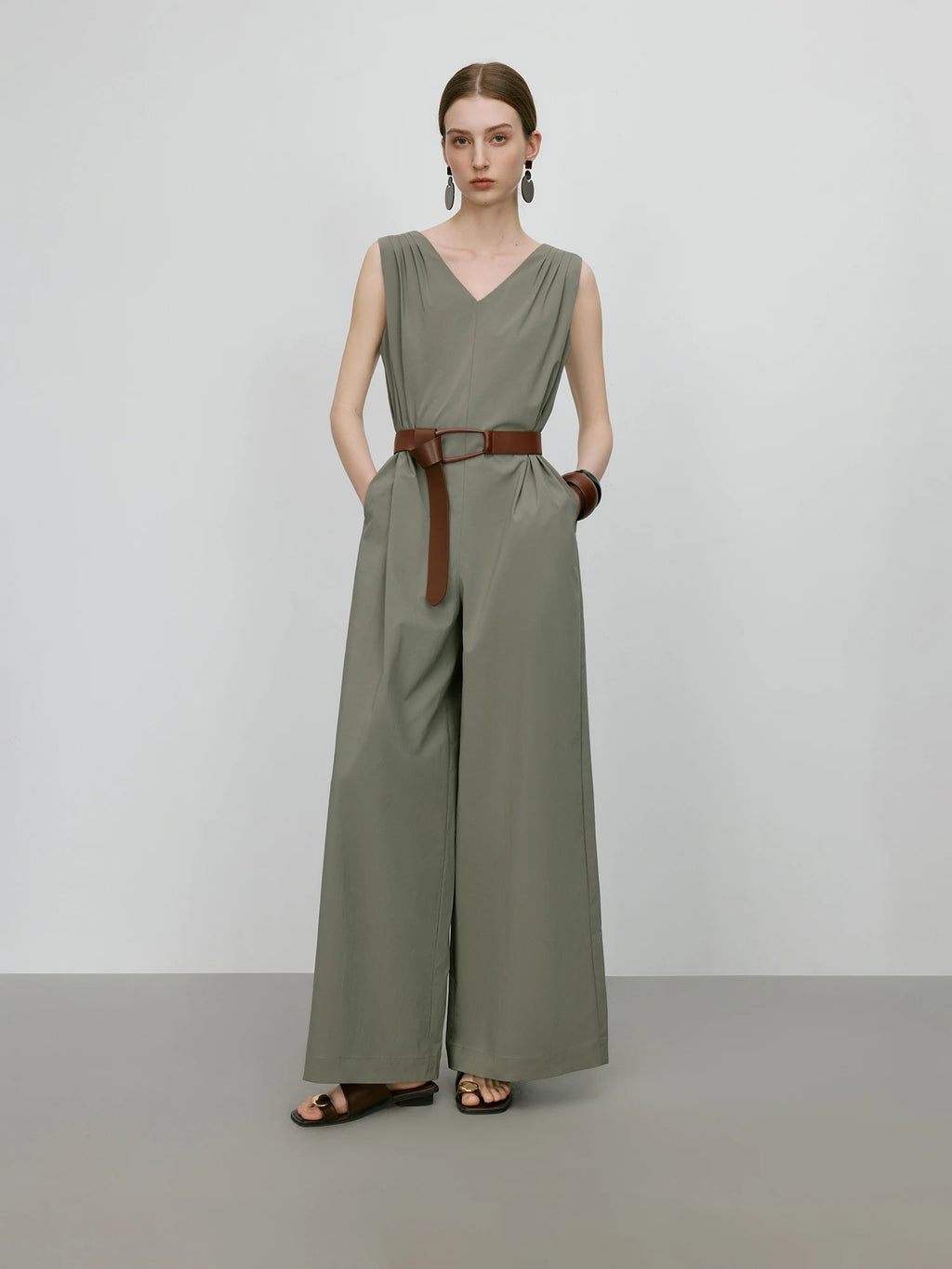 Mono premium mujer sin mangas cintura alta pierna ancha mezcla algodón transpirable elegante
