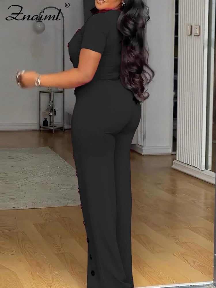 Mono Largo Mujer - Manga Corta - Botones Frontales - Pierna Ancha - Color Sólido - Elegante para Fiesta