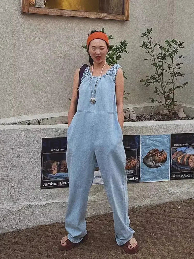 Mono denim mujer chaleco sin mangas pierna ancha cintura alta casual chic pantalón largo
