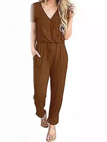 Mono mujer manga corta escote v profundo pierna recta verano casual urbano modelo
