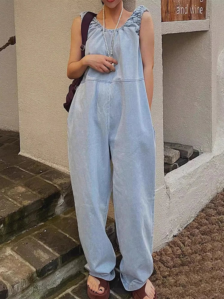 Mono denim mujer chaleco pierna ancha cintura alta casual chic pantalón largo modelo
