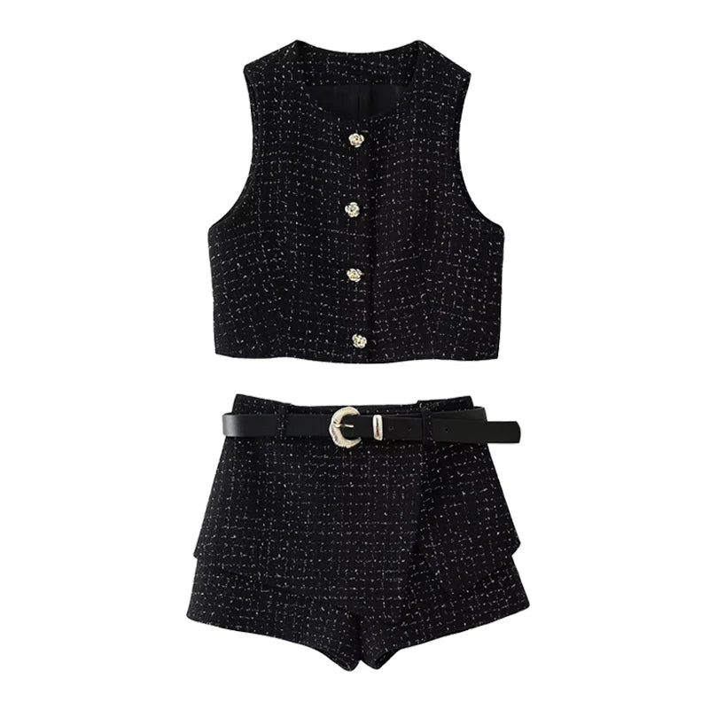 Conjunto 2 piezas mujer chaleco cuello redondo shorts culotte elegante oficina verano profesional
