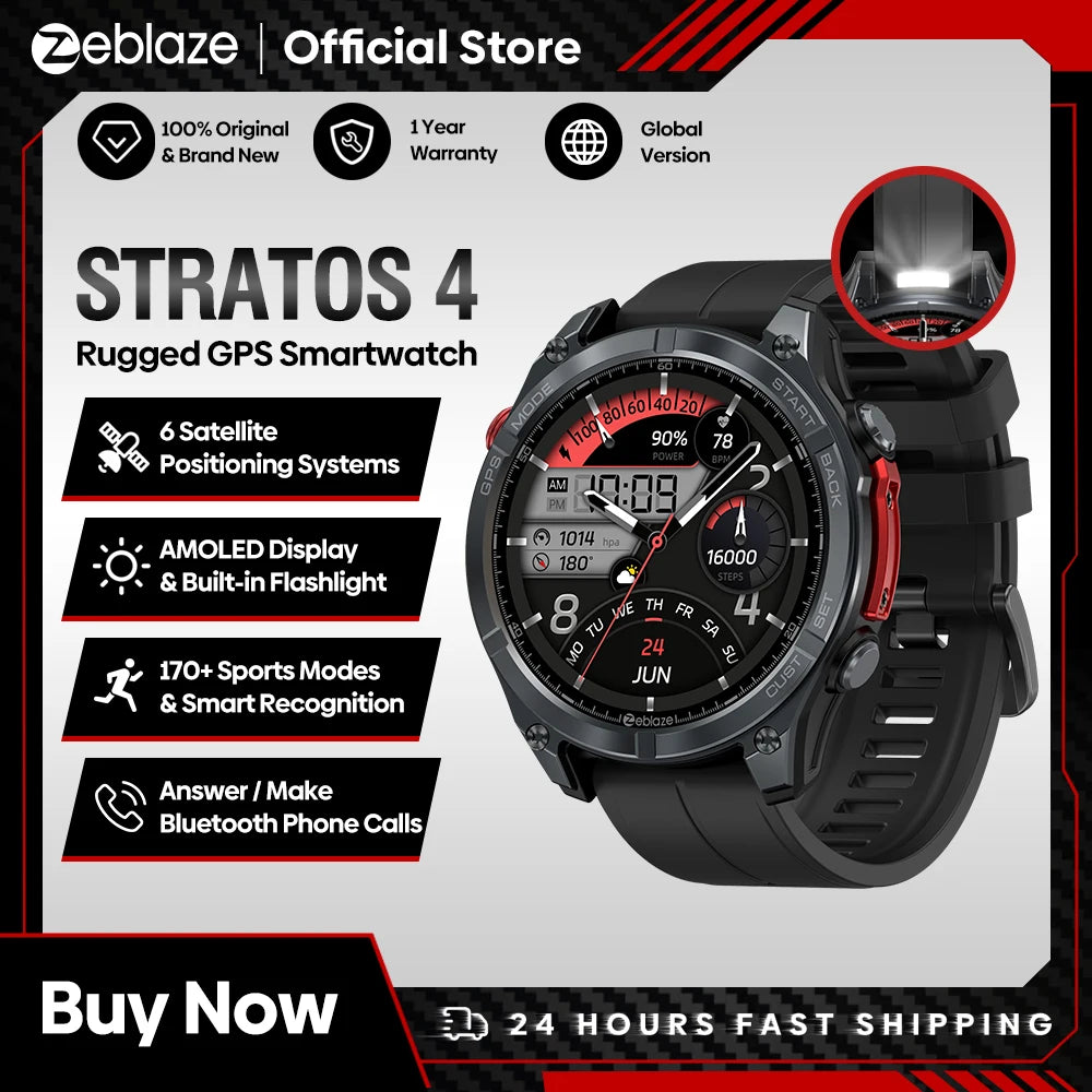 Smartwatch Zeblaze Stratos 4 GPS brújula altímetro barométrico linterna vista frontal

