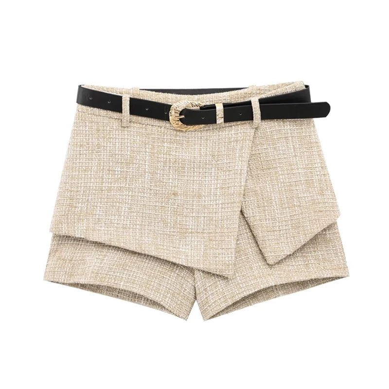 Conjunto 2 piezas mujer chaleco shorts culotte cinturón elegante oficina verano vista lateral
