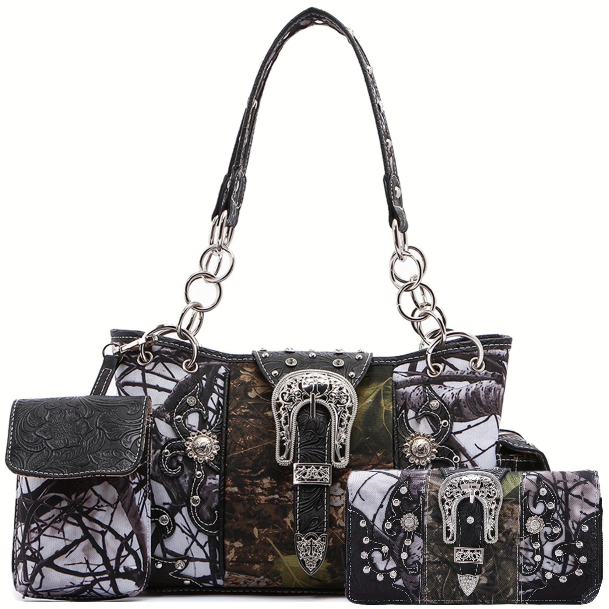 Bolso Western Camuflado - Concho Floral - Crossbody Mujer - Set con Billetera