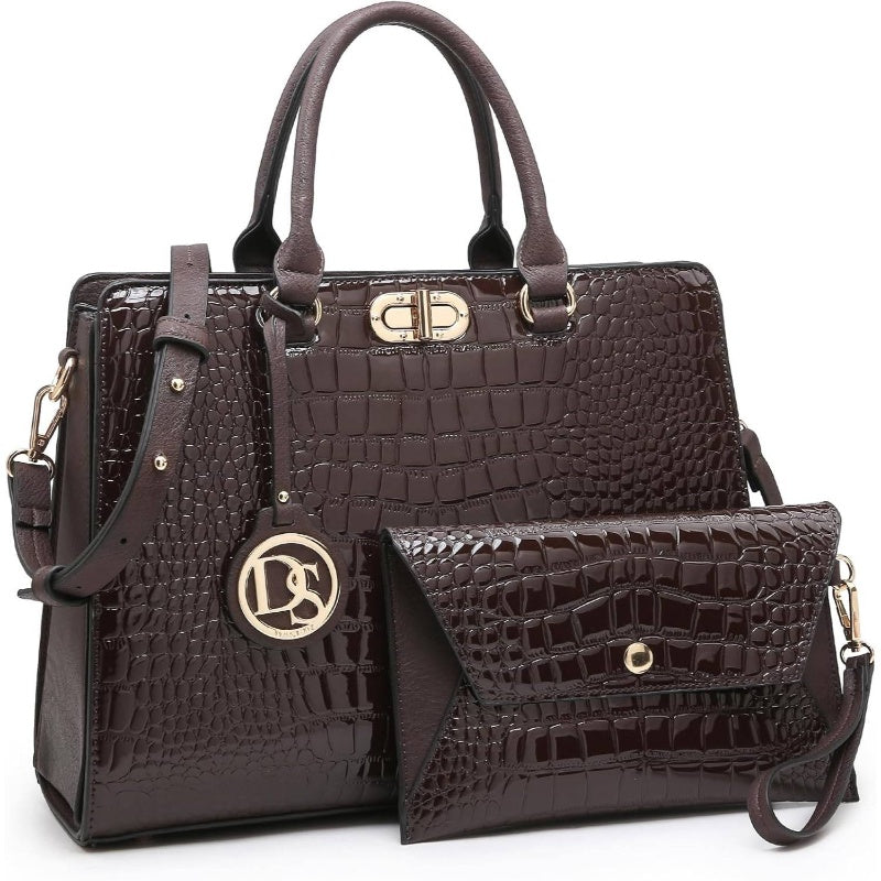 Women'S Elegant Emerald Green Crocodile-Texture Tote Handbag & Matching Clutch - Structured Work Purse with Golden-Tone Hardware, Open-Top Design & Spacious Interior for Professional & Everyday Use, Durable Non-Woven Fabric-l