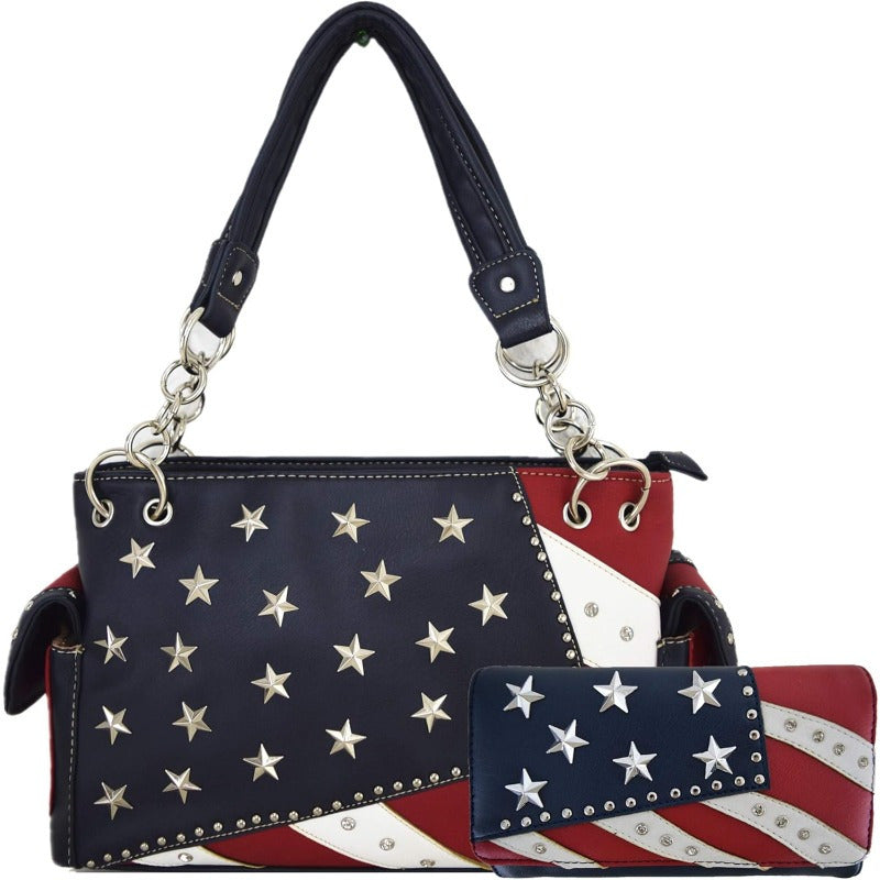 American Flag Stars And Stripes Rhinestone Women Handbag Country Purses Wallet Set