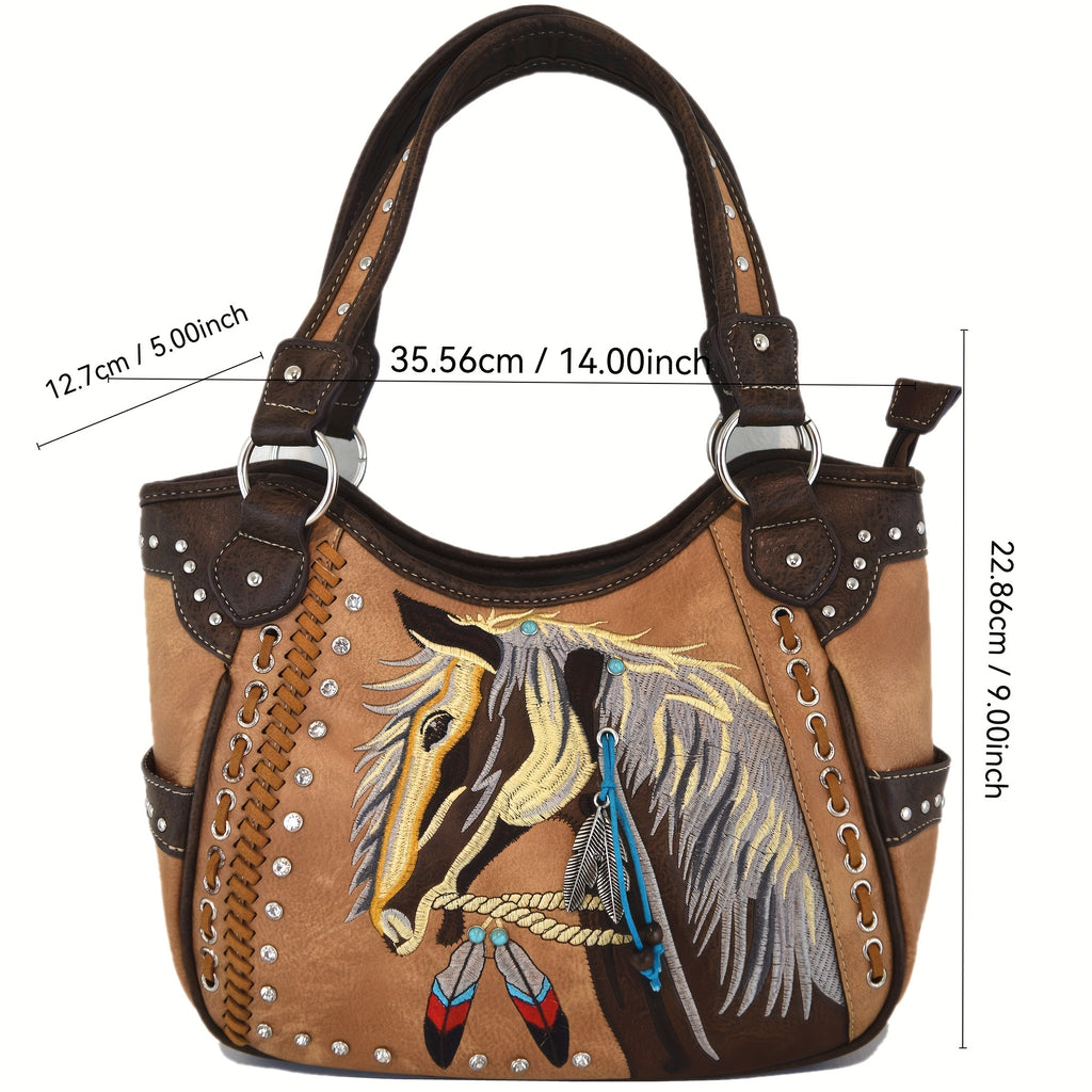 Bolso cowgirl caballo bordado corte láser detalles western

