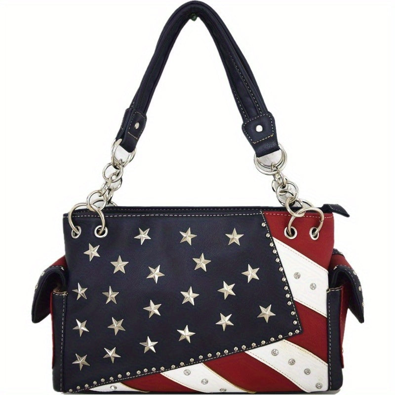 American Flag Stars And Stripes Rhinestone Women Handbag Country Purses Wallet Set