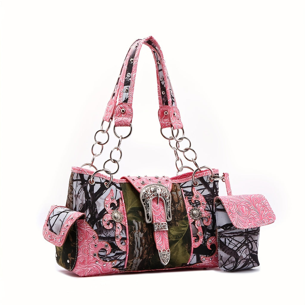 Bolso western camuflado concho floral detalles decorativos
