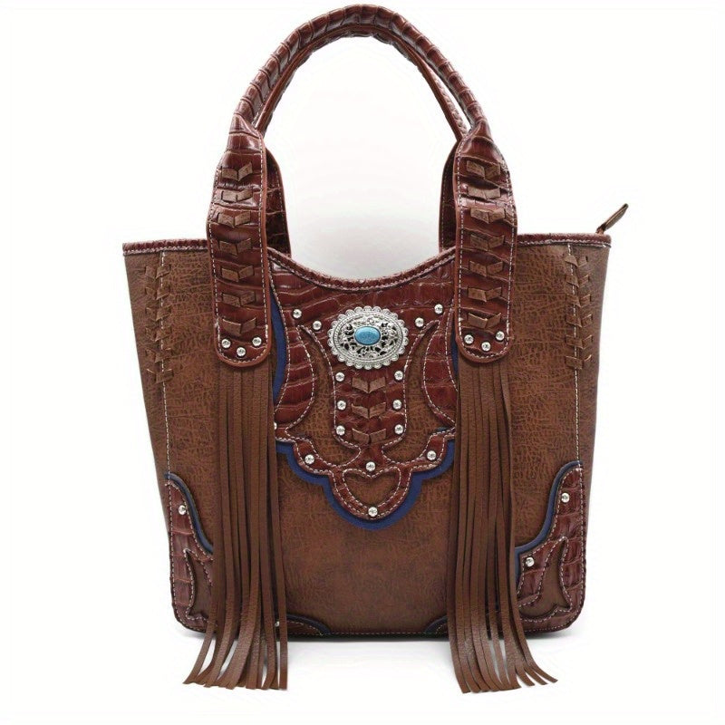 Bolso western cowgirl flecos tejidos cocodrilo conchos set billetera vista frontal
